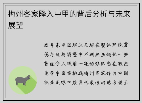 梅州客家降入中甲的背后分析与未来展望 梅州客家降入中甲的背后分析与未来展望